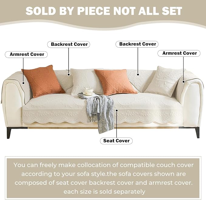 Leaf Floral Cotton Quilted Dog Couch Cover for Sofa Farmhouse Rustic Embroidered Sectional Couch Cover Soft Anti-Slip Sofa Slipcover Furniture Protector for Kids, Pets (Beige,43"x70") - Image 2