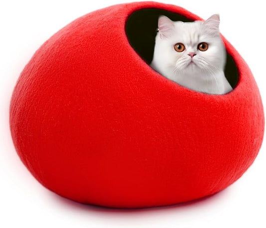 Woolygon Premium Felt Cat Cave Bed – Wool Kitty Beds Handcrafted Kitten Caves Bed for Indoor Cats - Made from Merino Wool, Foldable Cat Hideaway Covered Cat House Pod (Red Plain) by Woolygon