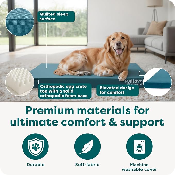 FurHaven Water-Resistant Orthopedic Dog Bed for Large Dogs, Oxford Polycanvas Mattress with Egg Crate and Solid Orthopedic Foam Base for Joint Support, Washable Cover, Jumbo XL, Deep Lagoon - Image 5