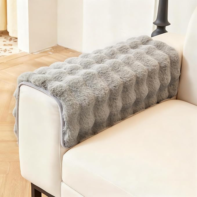 DREAMINGO Faux Fur Couch Armrest Cover, Soft Plush Sofa Covers for Pet Washable, Non Slip Furniture Protector for 2-3 Cushion Couch Sofa, 27.6x27.6 Inch, Grey by DREAMINGO