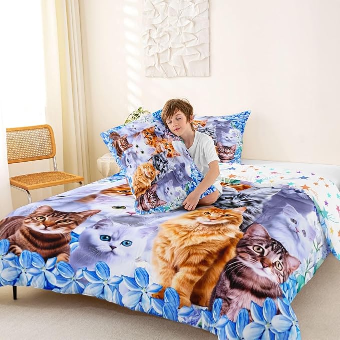 Feelyou Kids Cute Cat Comforter Cartoon Pet Cats Bedding Set for Children Boys Girls Cute Kitten Print Comforter Set Cat Lover's Animal Themed Design Quilt Set Bedroom Collection 2Pcs Twin Size - Image 3