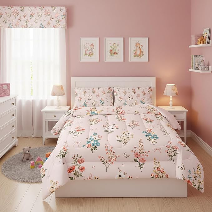 QOOMO Floral Comforter Set, Queen Size, Pink Floral, 3 Pcs Bedding Set, Printed Comforter with 2 Pillowcases, Down Alternative, Soft and Lightweight, All Seasons by QOOMOHOME