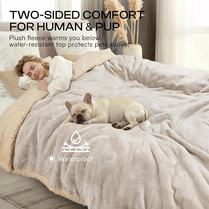 Luciphia Waterproof Pet Blanket, Liquid Pee Proof Dog Blanket for Sofa Bed Couch, Reversible Sherpa Fleece Furniture Protector Cover for Small Medium Large Dogs Cats, Grey Beige Large（65" x 57"） - Image 5