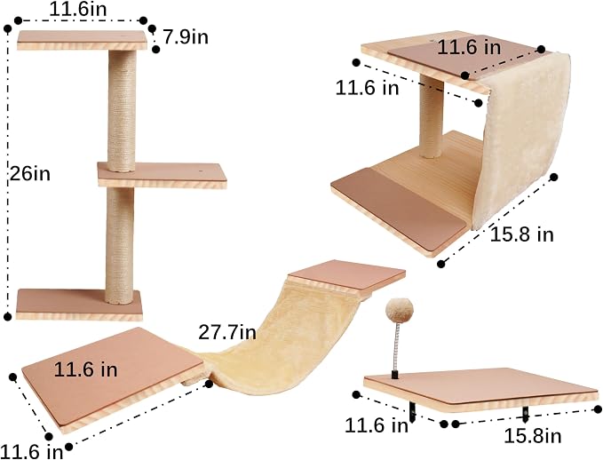 Cat Shelves for Wall，Solid Wood Cat Wall Furniture with Scratching Post,Hammock,Jumping Boards,Steps,Condo and Felt Pads, Suit for Cats Climb, Jump, Nap, Scratch-Beige - Image 2
