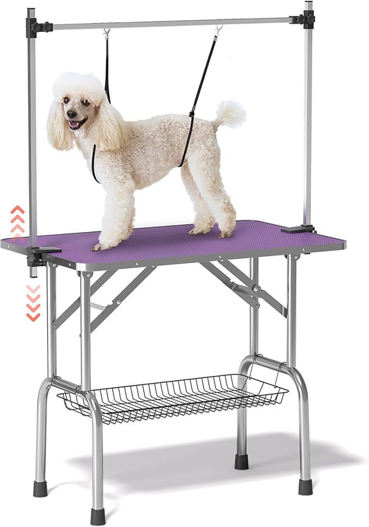 Lyromix 36'' Stainless Steel Pet Dog Grooming Table, Arm/Noose/Tray, Purple | Foldable Dog Grooming Table for Dogs at Home, Adjustable Height Arm, Non-Slip Waterproof Tabletop, Capacity 330Lb by Lyromix