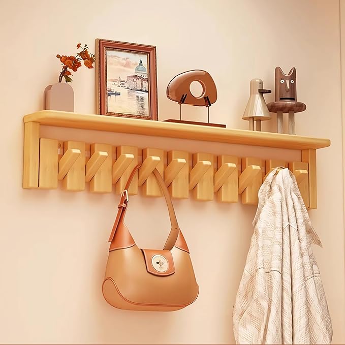Wall Mounted Coat RackHooks Piano Key Hangers Natural Solid Wood Hanger Non-Woven Fabric Clothes Hangers for Closet, Kitchen, Bedroom, Bathroom, Entryway (Tray-Beech, 10 Hooks) by MurphyBedKitMattresFrame
