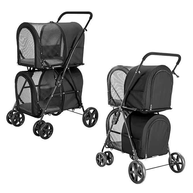 Double Pet Stroller for Dogs and Cats with 2 Detachable Carrier, Quick-Folding Dog Stroller for Medium Small Dogs Cats, 4 Wheels, Black