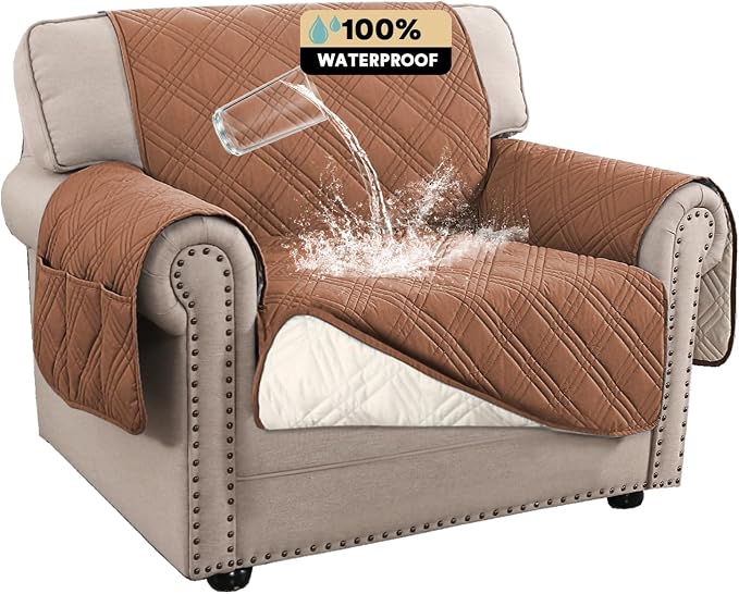 PrinceDeco 100% Waterproof Chair Sofa Slipcover for Living Room Water Resistant Couch Cover Furniture Protector Cover with Elastic Straps for Pets Kids Children Dog Cat(Chair 23", Terracotta) by PrinceDeco