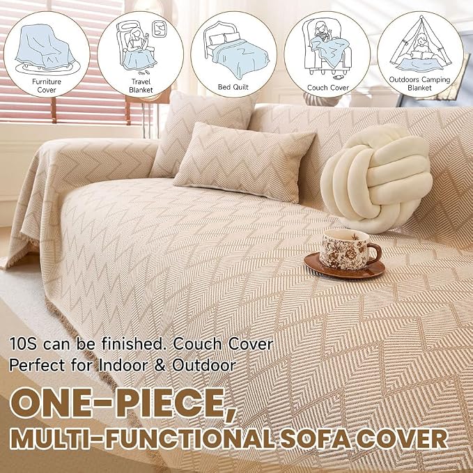 ROOMLIFE Boho Khaki Couch Covers for 3 Cushion Sofa, Couch Cover Sectional Sofa Cover for Dog, Washable Furniture Sofa Protector Cover Soft Blanket with Tassel for Living Room, 71''X150'' - Image 5