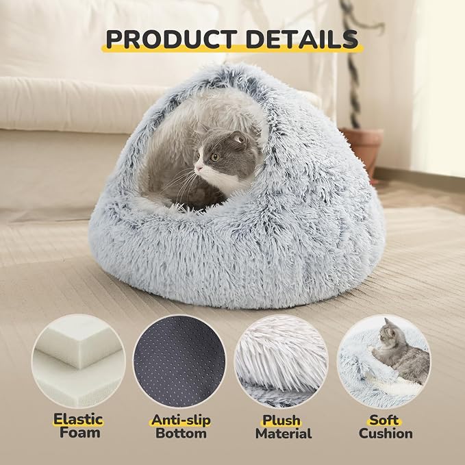 CATISM Cat Bed, Plush Hooded Cat Beds for Indoor Cats | Warm Soft Plush Comfortable Removable Washable Non-Slip Bottom - Image 2