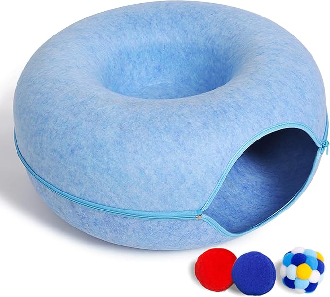 Large Cat Tunnel Bed for Indoor Cats with 3 Toys, Scratch Resistant Donut Cat Bed, Up to 30 Lbs (L 24x24x11, Blue) by PLIISLUP