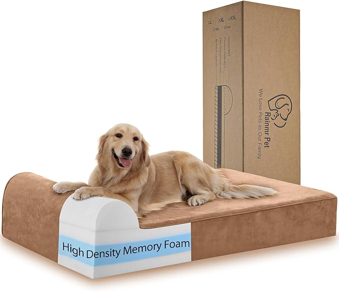 Rainmr Orthopedic Dog Beds for Large Dogs, 7" Memory Foam Dog Beds with Waterproof Liner, Durable Microsuede Cover, Removable and Washable, Nonskid Bottom, 48"x30"x7" L Khaki by RainmrBedding