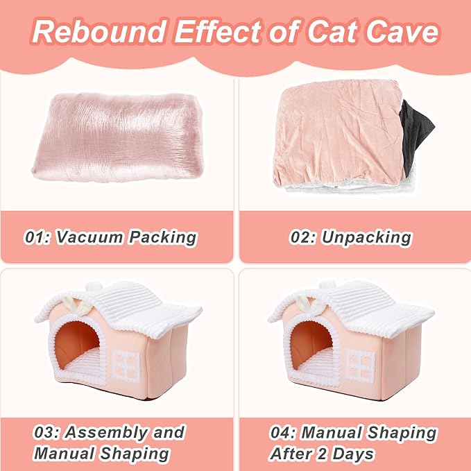 Jiupety Rabbit Cat Houses for Indoor Cats, Chimney Cute Cat Bed Cave, Enough Interior Space, Cartoon Soft Pet House Up to 3-10 lbs Kitten, Pink - Image 6