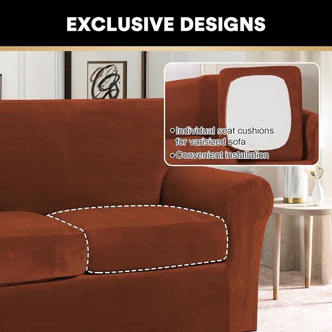 PrinceDeco Velvet Plush Couch Cover Stretch 2 Piece Chair Cover Chair Slipcover Washable Furniture Protector Couch Soft with Elastic Bottom Armchair Cover Width Up to 49 Inch(Small, Rust) - Image 5