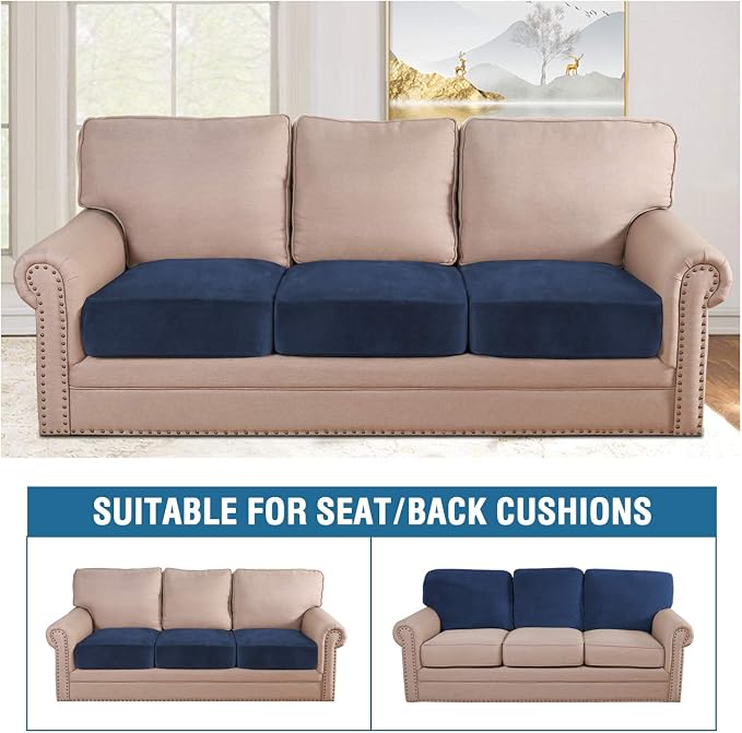 H.VERSAILTEX Velvet Stretch Couch Cushion Cover Plush Cushion Slipcover for Chair Loveseat Sofa Cushion Furniture Protector Seat Cushion Sofa Cover (3 Piece Sofa Cushion Covers, Navy) - Image 3