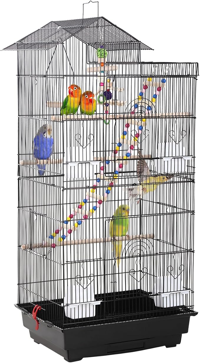 FDW 39 Inch Bird Cage Parakeet Cage with Play Top Rolling Stand & Easy Clean Pull-Out Tray Roof Top Parrot Cage for for Finches Canaries Parakeets Cockatiels & Other Small Birds, Black by FDW