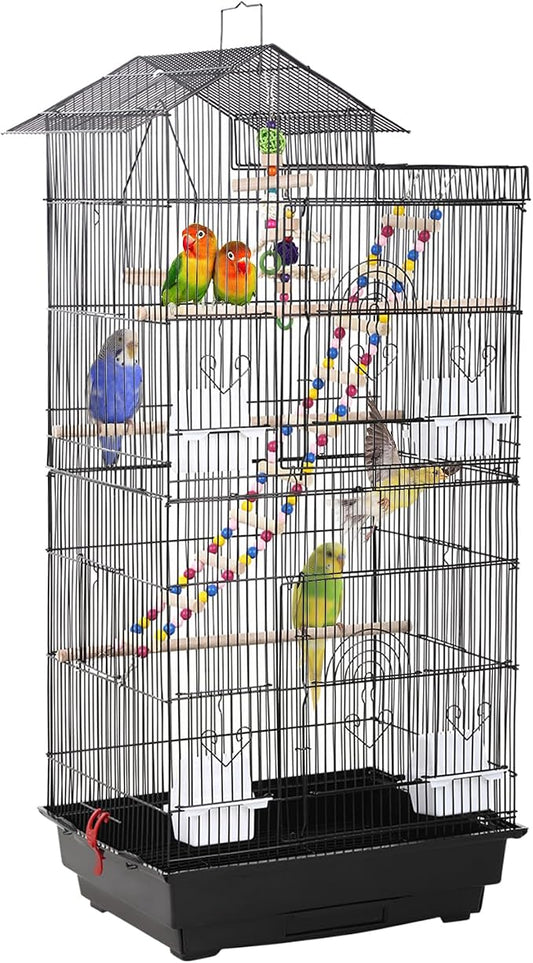 FDW 39 Inch Bird Cage Parakeet Cage with Play Top Rolling Stand & Easy Clean Pull-Out Tray Roof Top Parrot Cage for for Finches Canaries Parakeets Cockatiels & Other Small Birds, Black by FDW