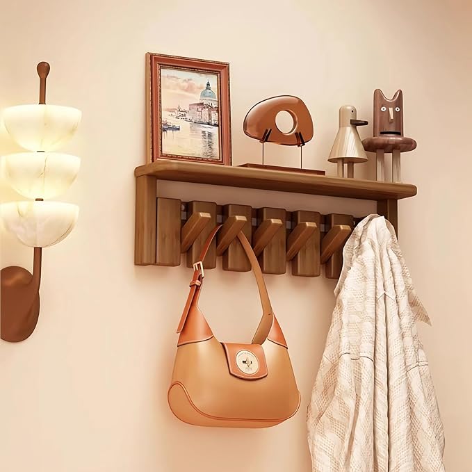 Wall Mounted Coat RackHooks Piano Key Hangers Natural Solid Wood Hanger Non-Woven Fabric Clothes Hangers for Closet, Kitchen, Bedroom, Bathroom, Entryway (Tray-Walnut, 6 Hooks) by MurphyBedKitMattresFrame
