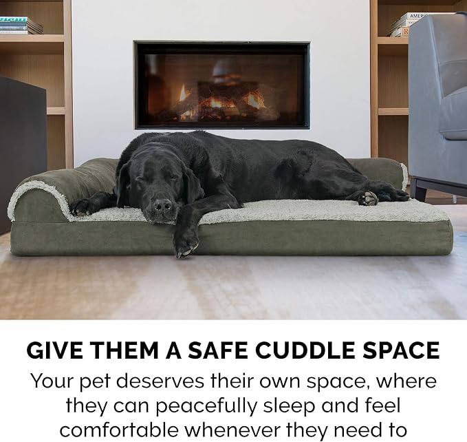 Furhaven Orthopedic Dog Bed for Large/Medium Dogs w/ Removable Bolsters & Washable Cover, For Dogs Up to 55 lbs - Two-Tone Plush Faux Fur & Suede L Shaped Chaise - Dark Sage, Large - Image 10