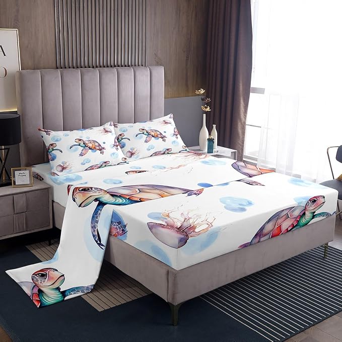Tropical Sea Turtle Fitted Sheet & Pillow Sham Set, Coastal Printed 4 Piece Soft Bedding Decor Set with Flat Sheet, Queen, Blue Red White by Erosebridal