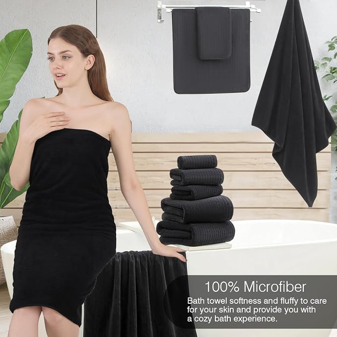 18 Piece Family Bath Towel Set Include 6 Bath Towels,6 Hand Towels and 6 Washcloths Soft Bathroom Towel with Hanging Loops,Highly Absorbent Quick Dry Towels Set for Bathroom,Hotel and Spa-Black - Image 4
