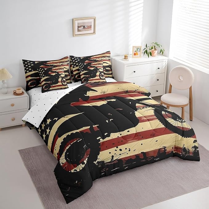 Feelyou Dirt Bike Comforter Set with Sheets Twin Size Racing Motocross Rider 7 Piece Bedding Set for Kids Boys Girls Teens Toddler Extreme Sports Bed in a Bag Vintage Retro Bed Set - Image 2