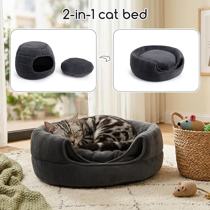 Hollypet Cat Bed Cave for Indoor Cats for Pets up to 15 lbs, Gray | Warm Cat Bed Cats Igloo Cave Condo, Covered Kitty House with Removable Washable Cushion, Cozy Enclosed Pet Bed for Small Dogs - Image 6