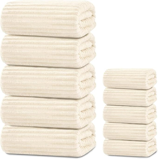 Extra Large Bath Towel Set 10 Piece, XL Bath Towels 35"x67" Oversized Bath Sheets, 280 GSM Microfiber Quick Dry Absorbent Towels, 5 Bath Sheets & 5 Hand Towels (Cream) by Tewloss
