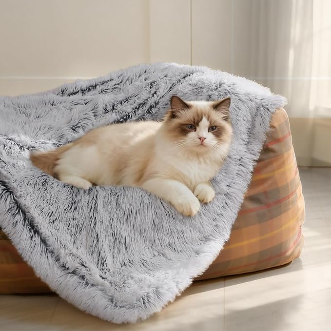 Luciphia Large Waterproof Dog Blanket Pet Washable Liquid Proof Furniture Protector Small Shaggy Plush Calming Long Faux Fur Bed Cover for Couch Cat Blankets for Kitten Doggy, Mist Grey, 30" x 40" by luciphia