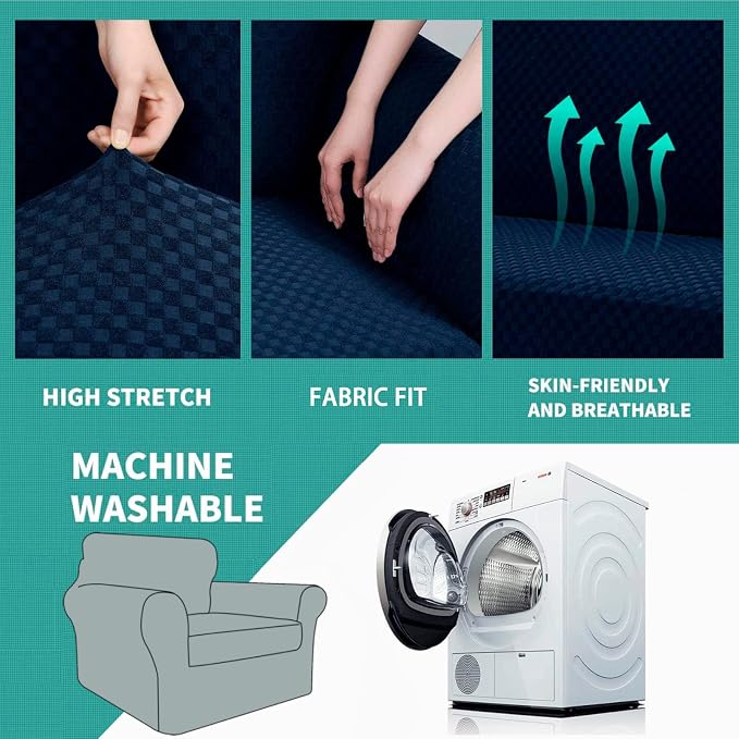 YEMYHOM Latest Checkered 2 Pieces Chair Covers for Living Room High Stretch Thickened Chair Slipcovers with Arms Anti Slip Elastic Armchair Sofa Couch Slipcover Protector (Navy), 31"-46"(1 Cushion) - Image 5