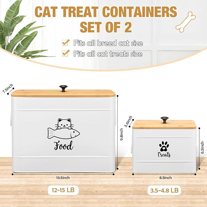Reallnaive 2 Pcs Large Metal Cat Food Storage Containers 12+3.5 Lbs Decorative Pet Treat Snack Jars Airtight Bamboo Lids & Dry Food Scoop for Farmhouse Kitchen Counter Decor, Pet Owner Gifts(White) - Image 2