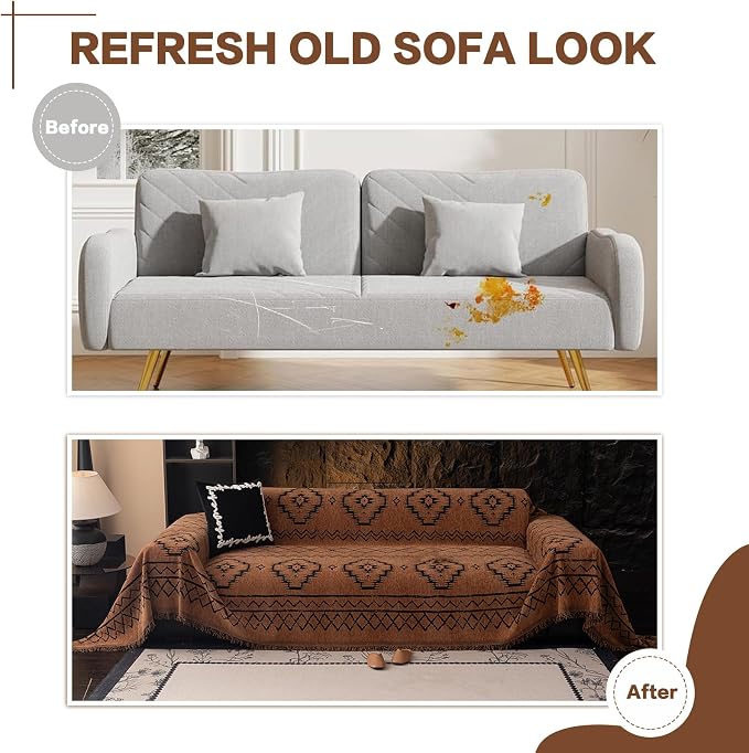 DREAMINGO Boho Couch Cover Sofa Covers for 3 Cushion Couch Jacquard Chenille Couch Cover Blanket Living Room Pet Furniture Protector Sectional Couch Covers for Dogs Washable, Brown, 71"x150" - Image 5