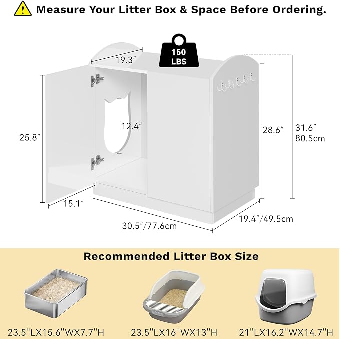 DWVO Large Hidden Litter Box Furniture with Hooks | Modern Cat Litters Box Enclosure for M/L/XL Litter Boxes, Wooden Secret Cat Cabinet, High-Gloss White - Image 4