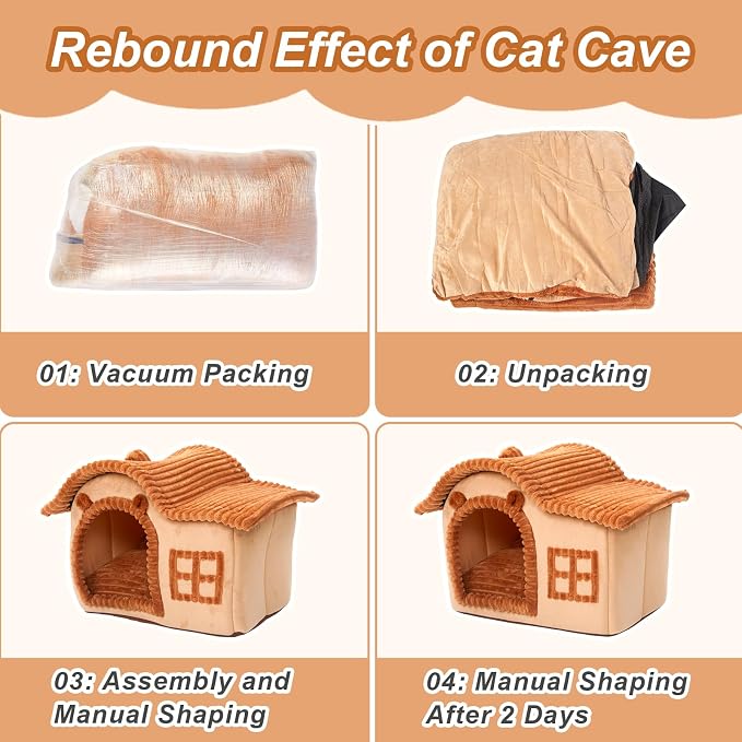 Jiupety Bear Cat Houses for Indoor Cats, Chimney Cute Cat Bed Cave, Enough Interior Space, Cartoon Soft Pet House Up to 3-7 lbs Kitten, Brown - Image 6