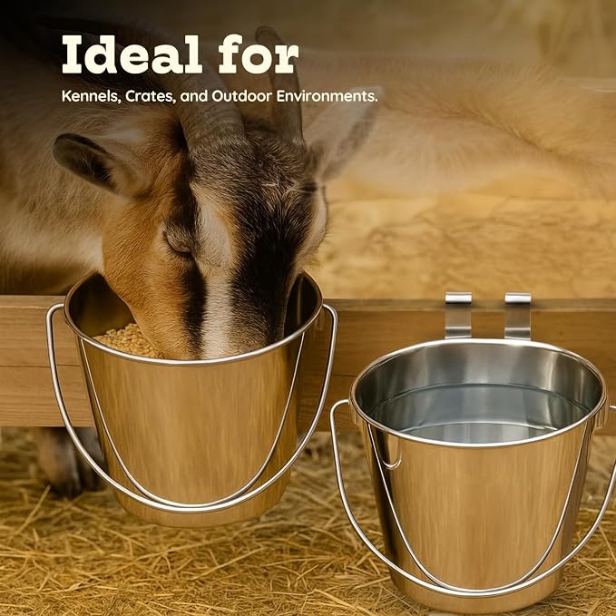 9 Quart Stainless Steel Flat Sided Bucket with Dual Hooks | 2 Pcs Food & Water Bowl for XL Dog Goat Cattle Horse & Livestock | Fits kennel Crate Cages Farm Hanging Pet Pail | Multipurpose - Image 4