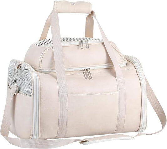 Premium Leather Top Expandable Pet Carrier for Small Dogs & Cats Under 15 lbs, Airline Approved Collapsible Soft-Sided Luxury Travel Bag Beige