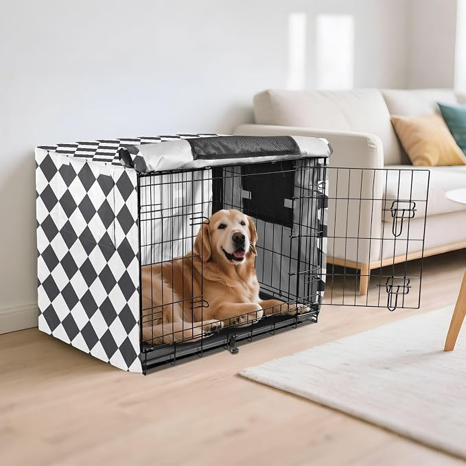 Dog Crate Cover Kennel Cover for Dog Cages Breathable for Wire Cage Indoor Outdoor Geometric Diamond Chess Black and White - Image 6