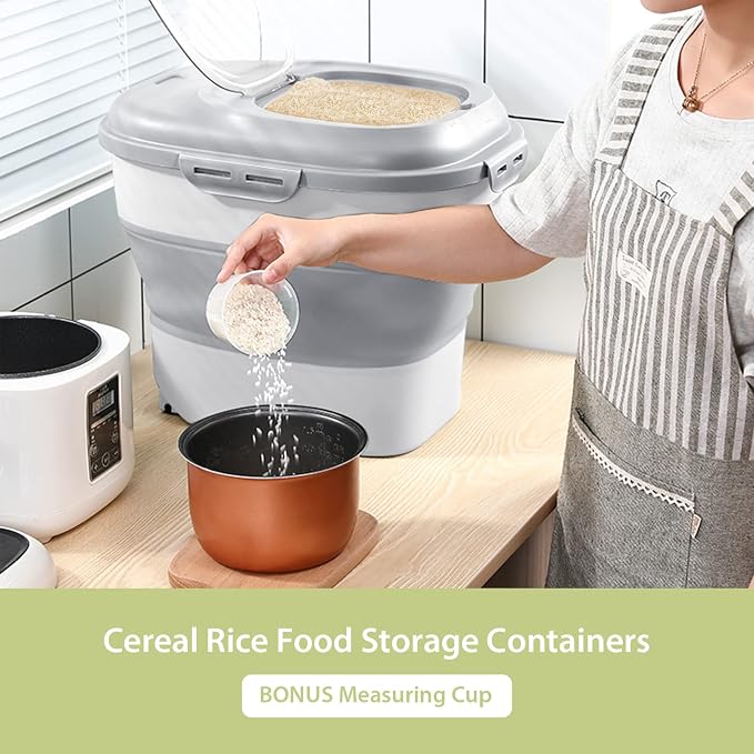 Collapsible Dog Food Storage Container, Airtight Sealed Pet Container with Measuring Scoop & Wheels, 30 lb Large Plastic Cat Containers Bin for Treats, Grey - Image 7