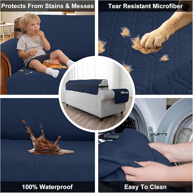 100% Waterproof Quilted Couch Cover,Straps&Pockets,78" Navyblue | Washable sofa cover, pet-friendly, scratch-resistant furniture protector, quilted sofa cover, reversible, non-slip backing. - Image 3