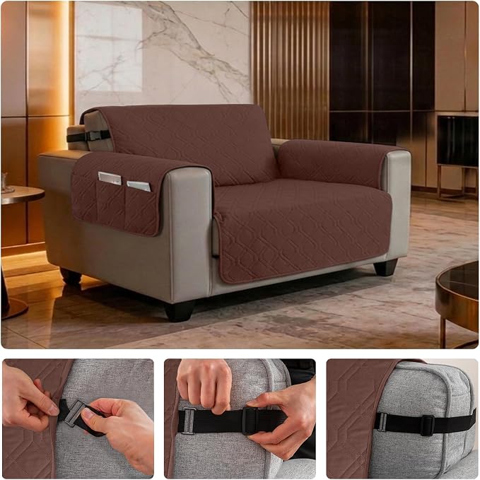100% Waterproof Couch Cover,Straps&Pockets,pet Friendly,46" Coffee | Washable sofa cover, pet-friendly, scratch-resistant furniture protector, quilted sofa cover, reversible, non-slip backing. - Image 6