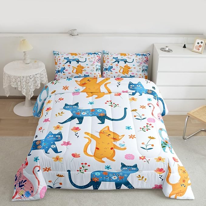Feelyou Cute Cat Flower Bedding Set for Boys Girls, Cartoon Floral Kawaii Comforter Set Toddler Size Funny Cats Animals Duvet Quilt Microfiber Rainbow Printed Bedroom Decor 2 Pcs with 1 Pillow Cases - Image 6