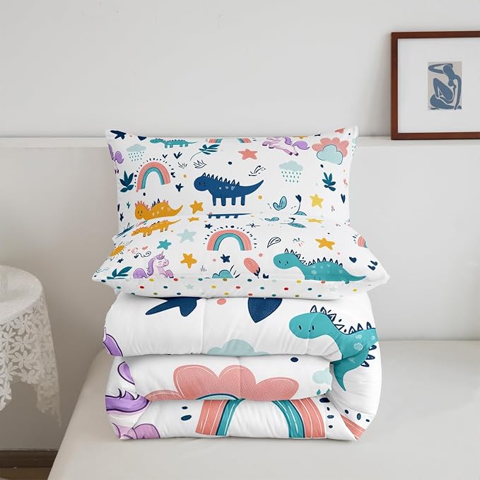 Manfei Cute Dinosaur Unicorn Comforter Set Twin Size,Cartoon Animal Star Rainbow Bedding Set Kids Girls Adult Room Decor,Kawaii Flower Leaf Down Comforter Soft Duvet Insert,1 Pillowcase - Image 5