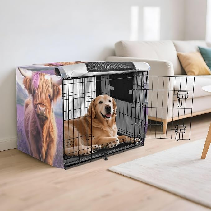 Dog Crate Covers Cute Highland Cow Purple Wind-Resistant, Washable Cage Cover for Indoor Pets X-Large - Image 6