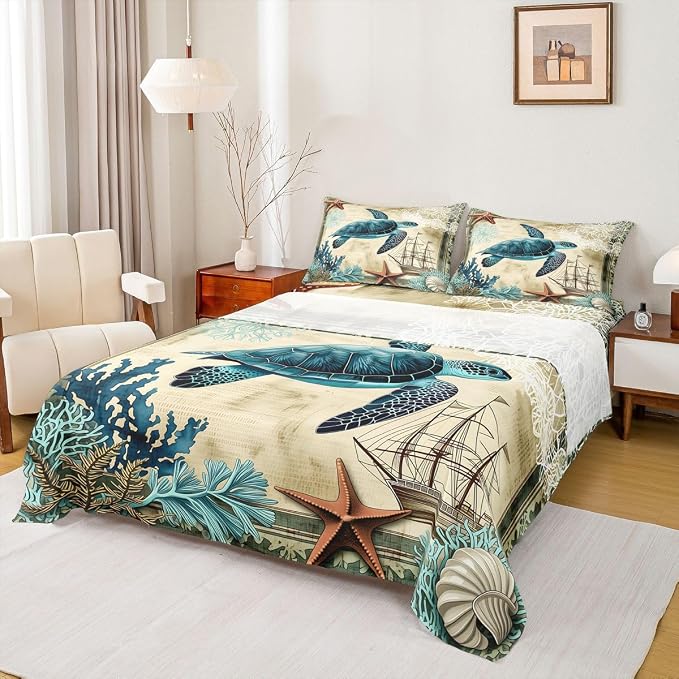 Erosebridal Ocean Beach Sea Turtle Sheet Set,Children Teens Retro Tortoise Bed Sheet Hawaiian Reptile Turtle Printed Bed Set with Fitted Flat Sheet,2 Pillowcases,Queen - Image 7
