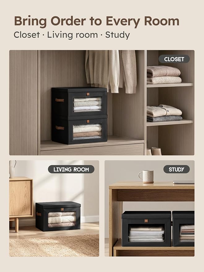 Homsorout Medium Fabric Storage Bins - Closet Shelf Organizer with Open Window, 3 Pack Closet Baskets for Shelves, Stackable Decorative Boxes for Home, Dorm, Black, 13.7" x 9.8” x 9.8" - Image 7