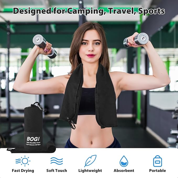 BOGI Microfiber Travel Sports Towel-Quick Dry Towel, Soft Lightweight Microfiber Camping Towel Absorbent Compact for Camping Gym Yoga Swimming Backpacking (L:60''x30''+16''x16''-Black) - Image 4