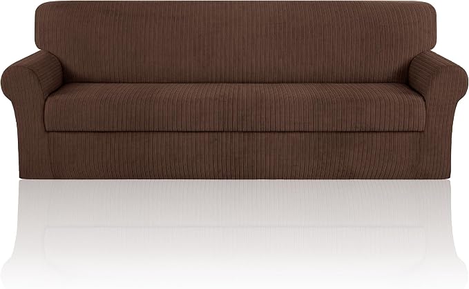 Oversized Sofa Cover Stretching Skid Resistance Couch Cover for Pets Washable, Thick and Durable Soft High Spandex Striped Pattern Sofa Covers (Oversized Sofa, Chocolate) by ChengEase