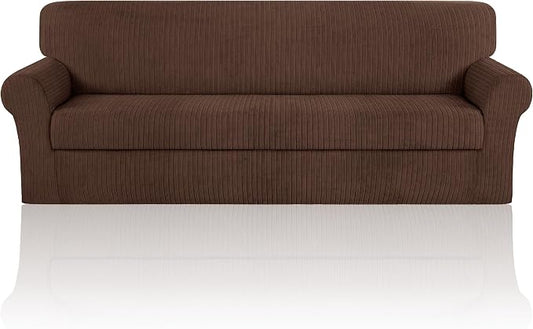 Oversized Sofa Cover Stretching Skid Resistance Couch Cover for Pets Washable, Thick and Durable Soft High Spandex Striped Pattern Sofa Covers (Oversized Sofa, Chocolate) by ChengEase