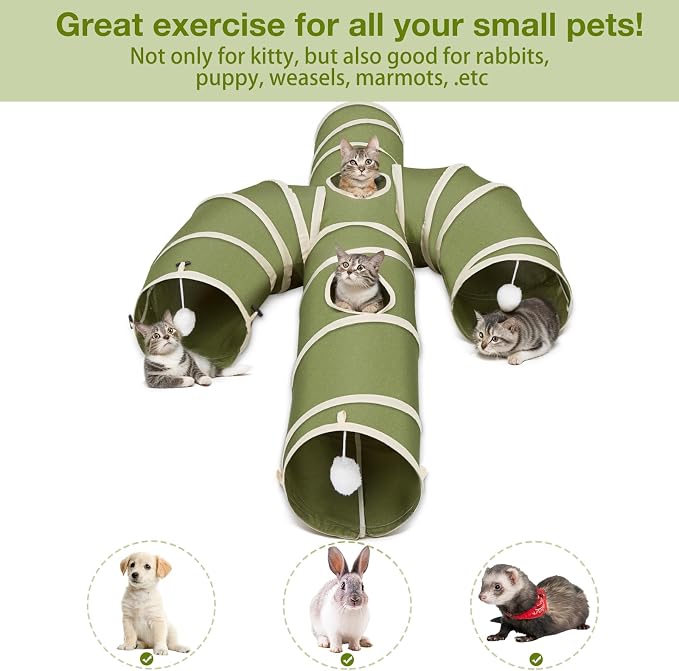 Ownpets Cat Tunnel Large 12 inch Diameter, Cactus-Shaped Cat Tunnel Toy, Sturdy Oxford Fabric Collapsible Cat Tunnels for Indoor Cats, Interactive Peek Hole Pet Tunnel Tube with Cat Wand Toy, Green - Image 7