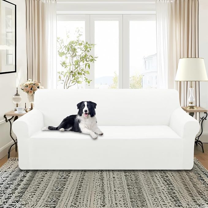 U-NICE HOME Velvet Sofa Covers Stretch Couch Covers for 3 Cushion Couch Furniture Protector Sofa Slipcover (Large, Off White) - Image 2